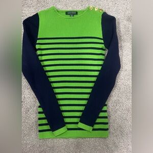 Ralph Lauren Women's Sweater in Lime Green and Navy Stripes